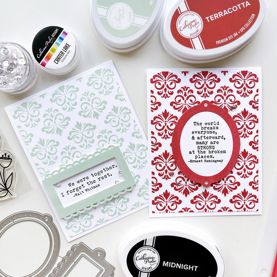 Whitman and Hemingway quote cards using Filigree Background Stamp, Terracotta and Wintergreen ink pads, Ex Libris dies, Notable & Quotable Sentiment Stamps and Crater Lake sequins