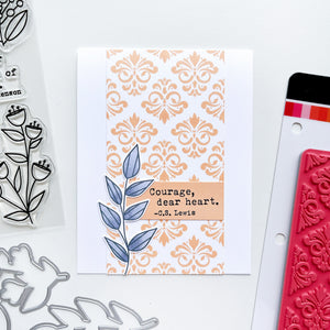 Lewis quote card using Filigree Background stamp, Notable & Quotable Sentiments stamp set, Notable Floral dies, Midnight and Apricot ink pads.