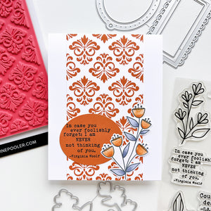 Woolf quote card using Notable & Quotable Sentiments Stamp set, Notable Floral dies, Filigree Background stamp, Ex Libris dies, Midnight and Ginger ink pads.