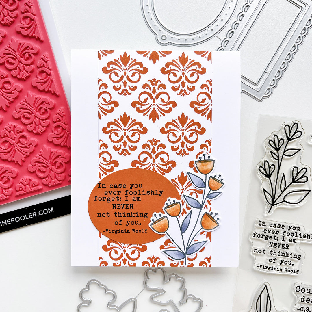 Woolf quote card using Filigree background stamp, Notable & Quotable Sentiments Stamp set, Notable Floral dies and Ex Libris dies 