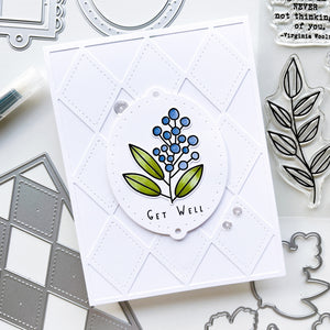 Get well card using Notable & Quotable Sentiments Stamp set, Notable Floral dies, Stitch your Diamonds cover plate die, Ex Libris dies and Crater Lake sequin mix.