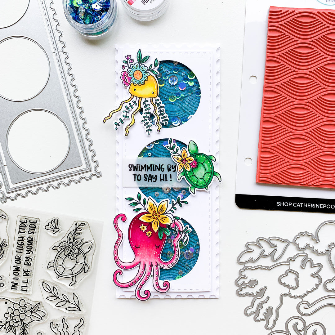slimline card with ocean chums stamps and portsmouth sequins