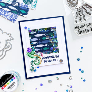 shaker card with ocean chums stamps and portsmouth sequins