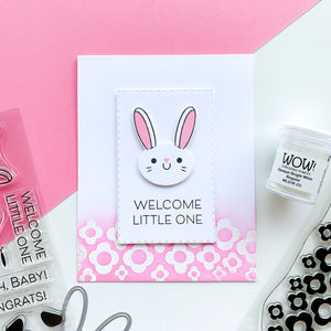 Welcome little one card with bunny and dots and flowers stamp
