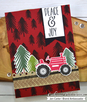 Tractor and pine trees on red and black pine tree background