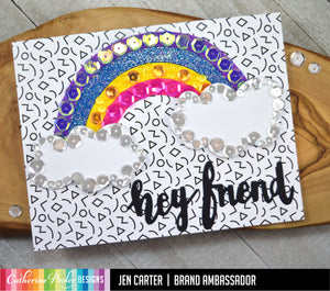hey friend card with rainbow and sequins