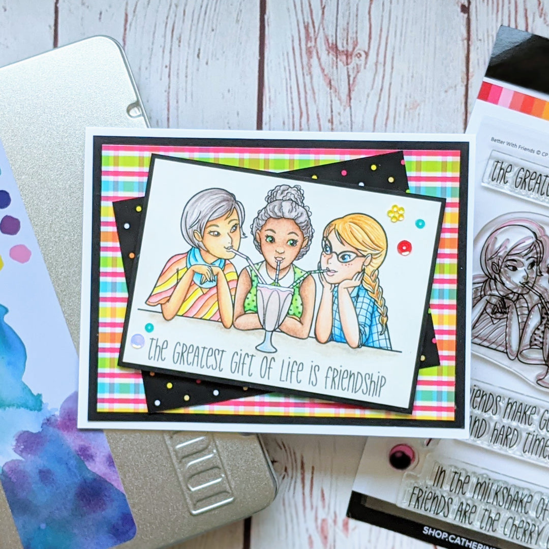Better With Friends Stamp Set on black polka dot and plaid background