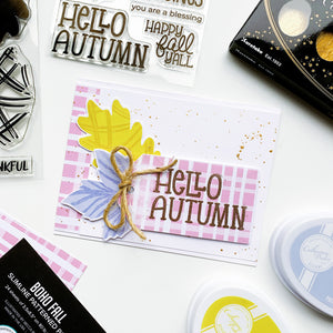 Hellow Autumn pink tag card with blue & yellow leaves