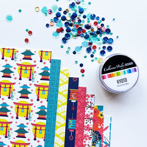 Parasols & Pagodas Patterned Paper next to kyoto sequins