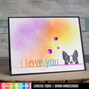I love you card with peeking pet and ink blended background