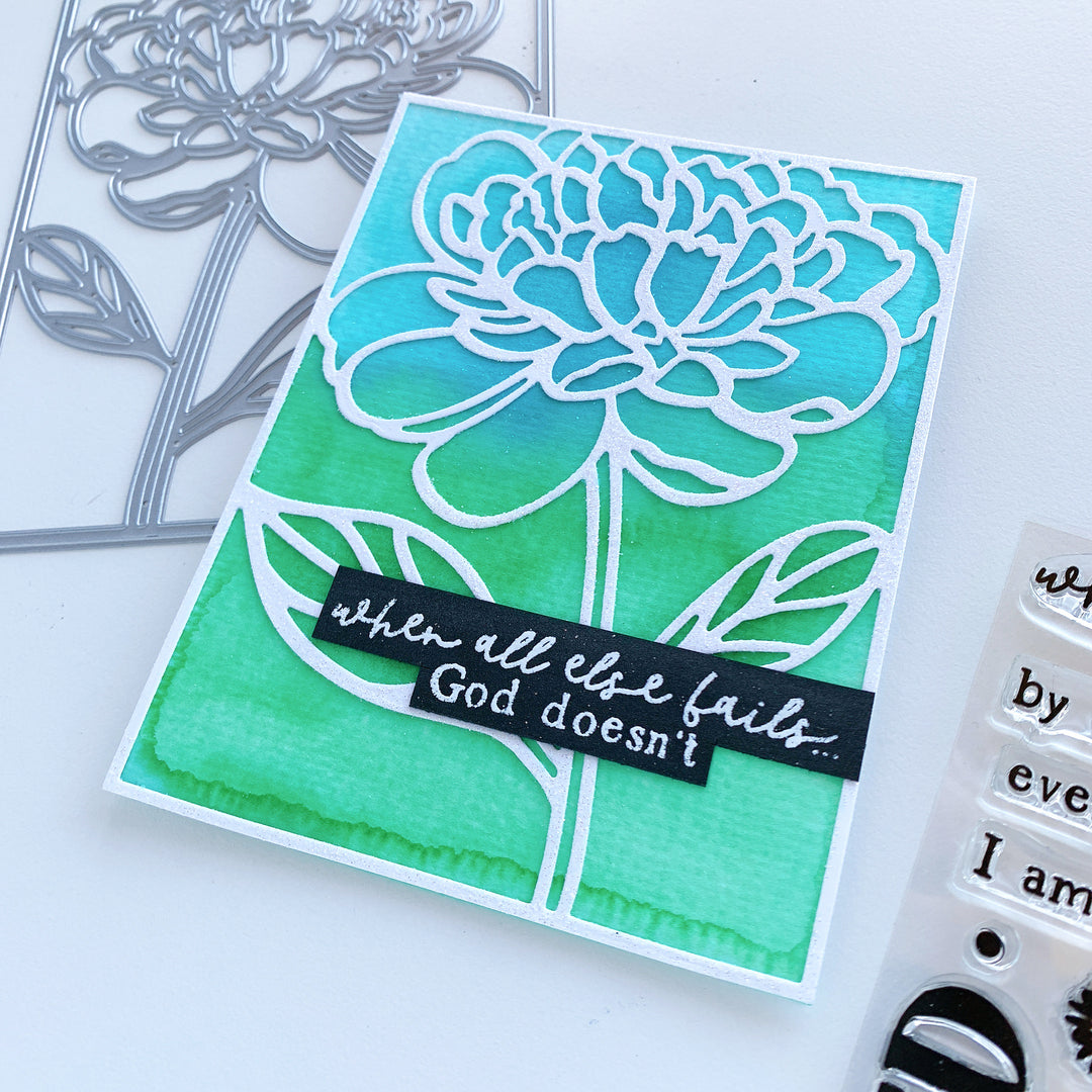 Peony in Bloom Cut Out over blue green blended background