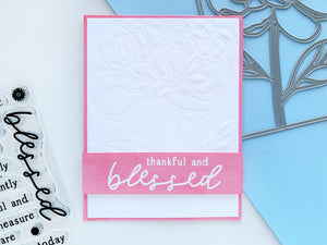 Dry embossed Peony Cover Plate with pink blessed sentiment strip
