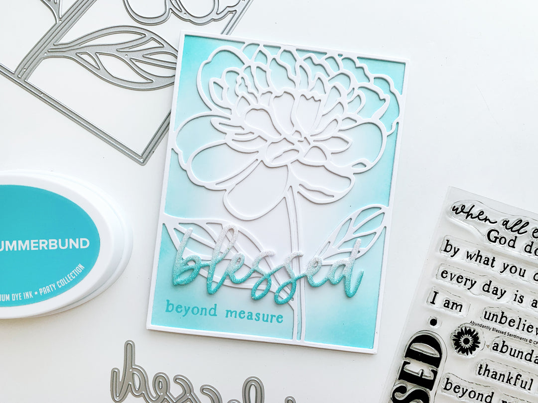 White Peony Cut Out over blue blended background with ombre blue Blesses