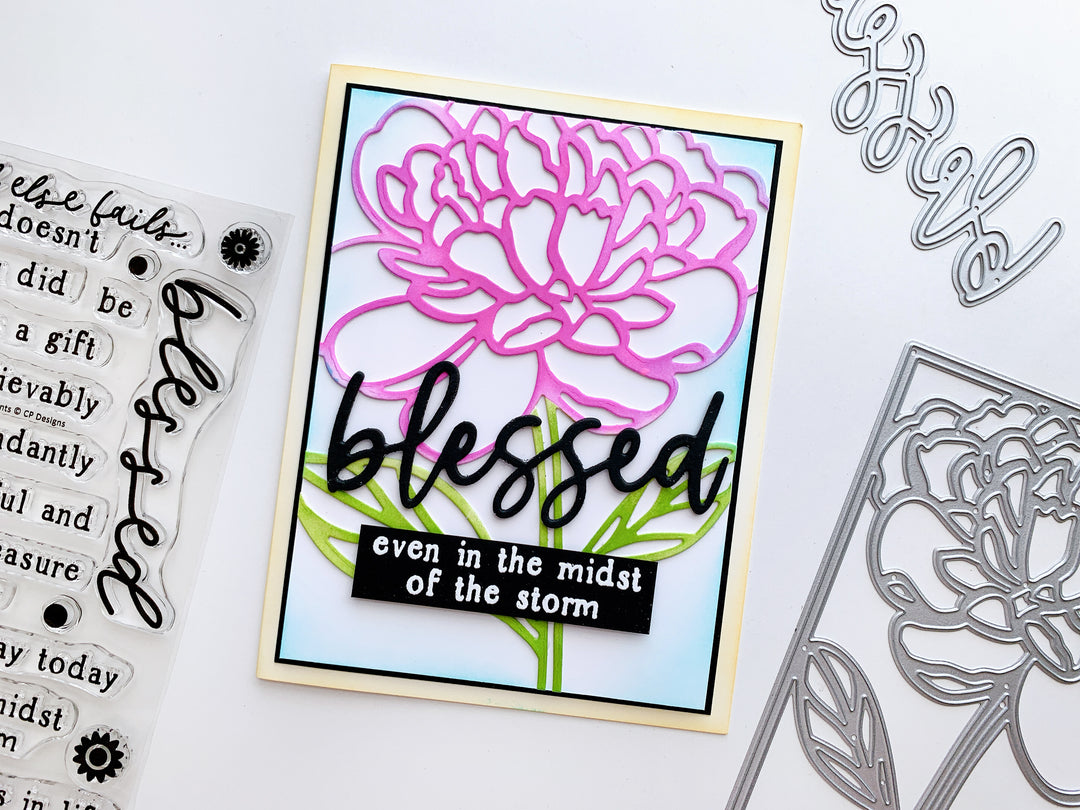 Pink Peony over blue blended background and Blessed sentiement