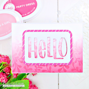 Pink hello card with stenciling