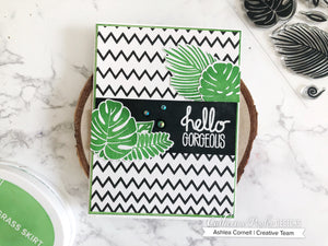 hello gorgeous card with leaves and chevron background