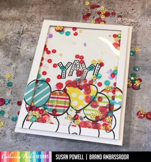 shaker Card with yay gifts stamps and poppin' patterned paper