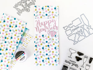 Happy New Year Word Die over Pop the Bubbly Patterned paper Slimline Card