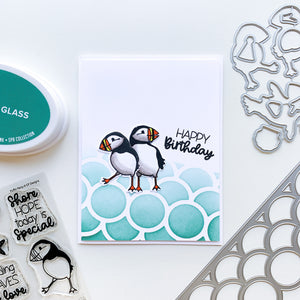 happy birthday card with puffin party stamps