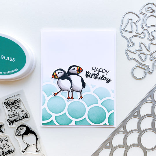 Cleo Slimline Die with puffins and happy birthday sentiment