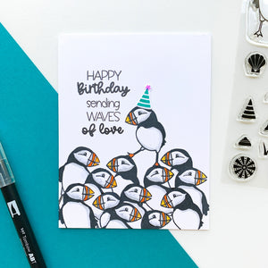 happy birthday card with puffin party