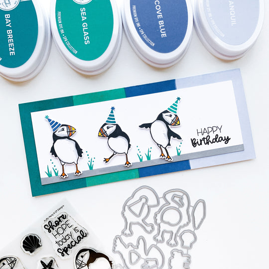 happy birthday slimline card with puffins