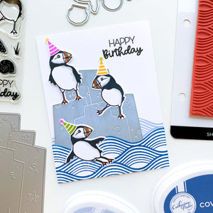 happy birthday card with puffin party stamps
