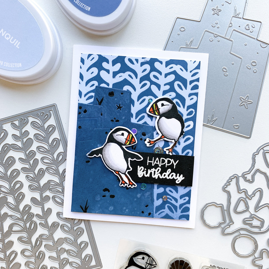 happy birthday card with puffin party stamps