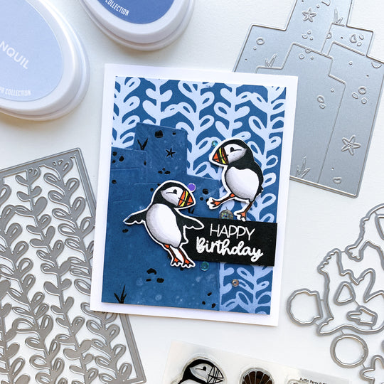 happy birthday card with puffin party stamps