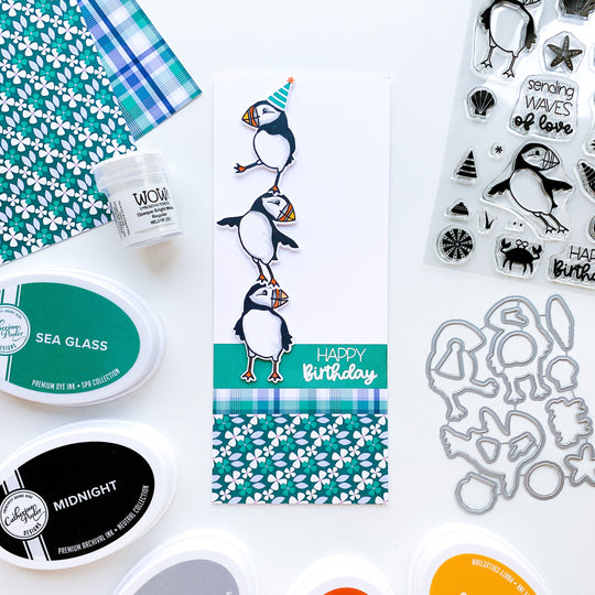happy birthday slimline card with puffins