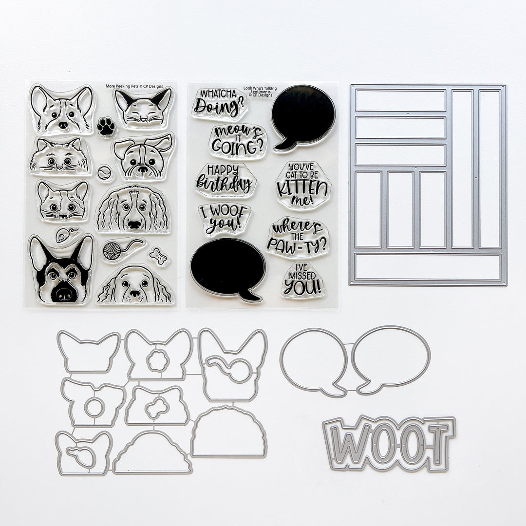 The Peeking In Bundle includes More Peeking Pets stamp set, More Peeking Pets dies, Look Who's Talking Sentiments stamp set, Look Who's Talking dies, Parqs & Rec Cover Plate die and Woot word die.