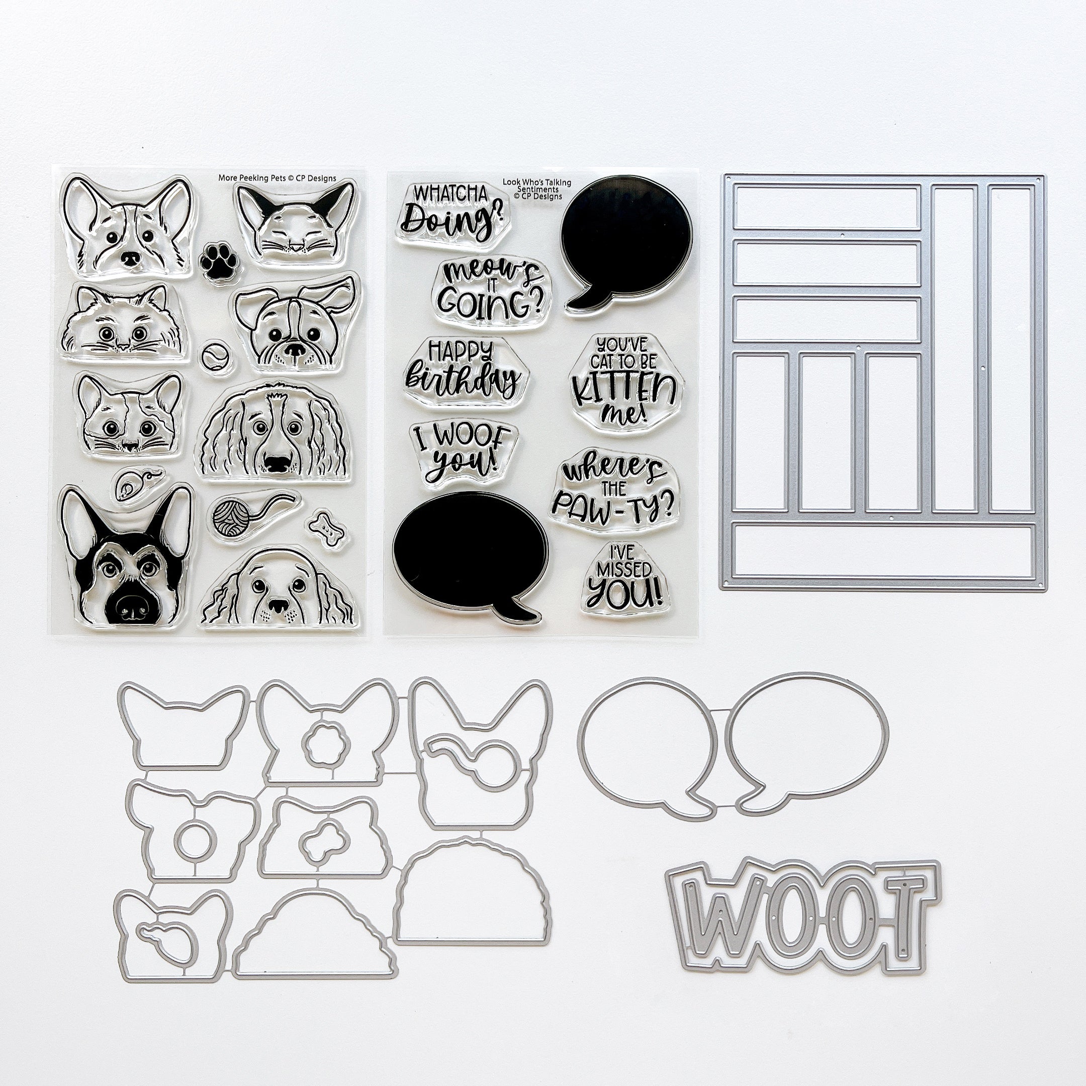 The Peeking In Bundle includes More Peeking Pets stamp set, More Peeking Pets dies, Look Who's Talking Sentiments stamp set, Look Who's Talking dies, Parqs & Rec Cover Plate die and Woot word die.