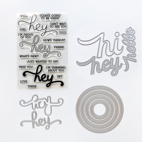 The Saying Hey bundle includes Hey, Hey, Hey Sentiments stamp set, Hey word dies, Hello trio word dies, and Double Duty circle dies