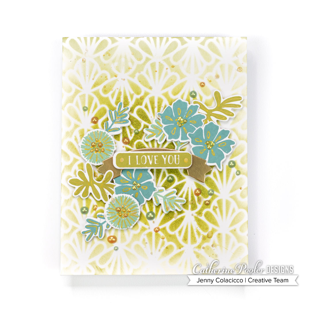 i love you card with shell parade stencilled background