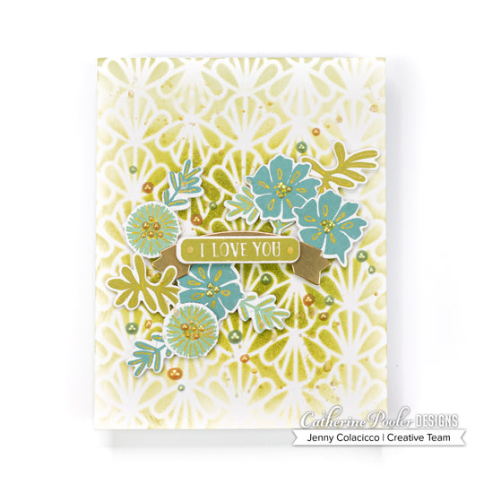 i love you card with shell parade stencilled background