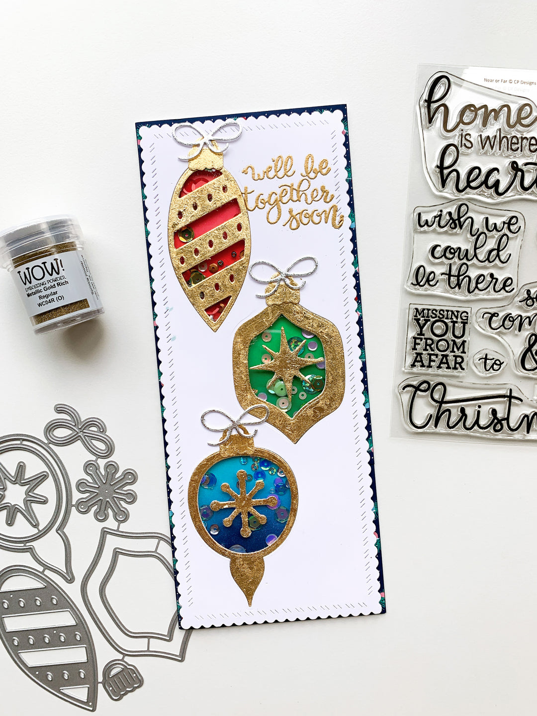 slimline card with retro ornaments and sentiment