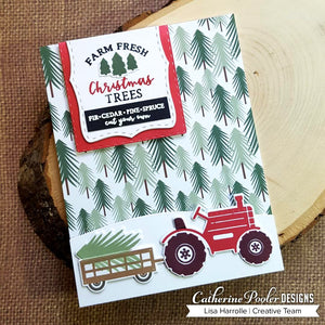 Tractor on pine tree background and farm fresh christmas trees sign