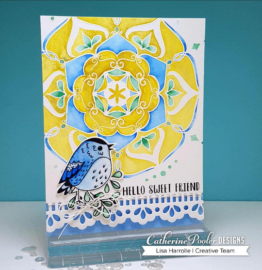 hello sweet friend card with sandy mandala and bird