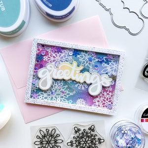 card with greetings sentiment and scrolling snowflakes