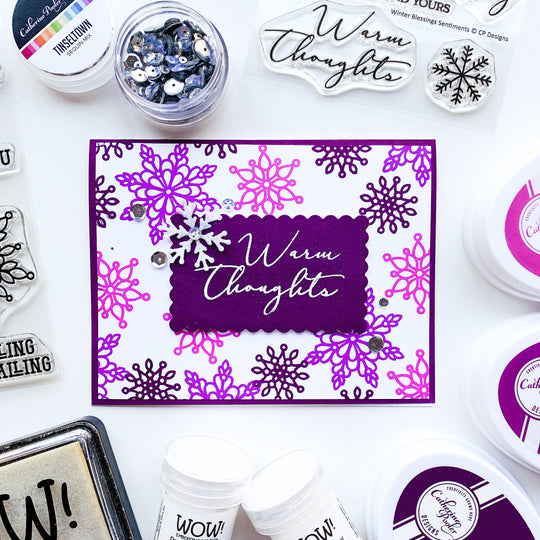 warm thoughts card with scrolling snowflakes