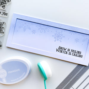 slimline card with sentiment and scrolling snowflakes stamps