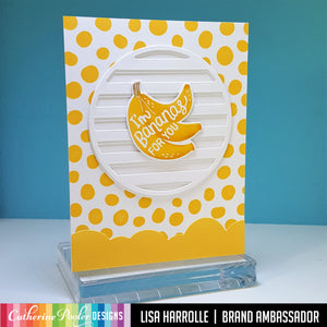Circle Stripe Die with Bananas on yellow and white polka dot background