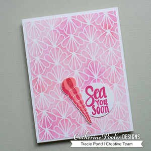 sea you soon card with shell parade background