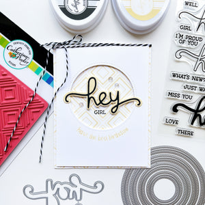 Hey Girl card using Hey word dies, Hey, Hey, Hey Sentiments stamps, Double Duty Circle dies, Round About Messages Stamps, Simply Diamonds background stamp, Crater Lake sequin mix, twine, Midnight and Whipped Honey ink pads.