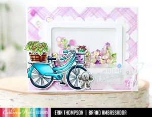 shaker card with beautiful ride stamps over sketch plaid background