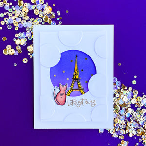 Let's get away card with cat looking at Eiffel Tower