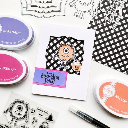Bellini monster with black plaid background card
