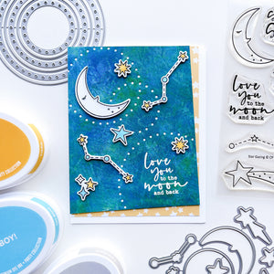 Love you card using Star Gazing stamps and dies, Round about dies, Under the Stars patterned paper, Tiara and Oh Boy! Ink pads.