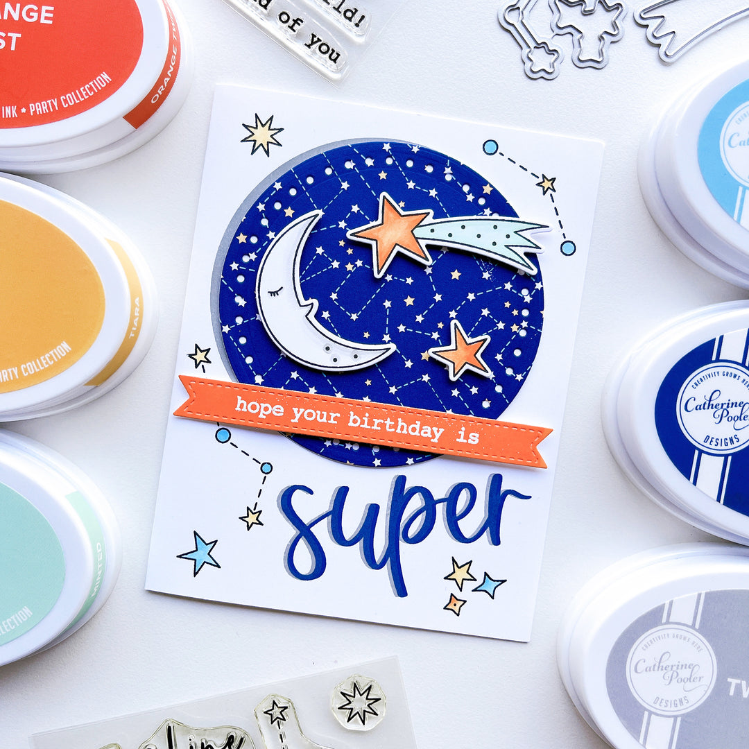 Super birthday card using Under the Stars patterned paper, Star Gazing stamps and dies, Super Star Sentiments, Orange Twist, Tiara, Minted, Oh Boy! Dress Blues and Twilight ink pads.