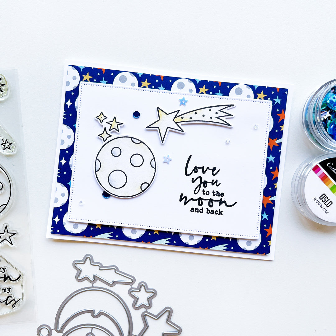 Love you card using Under the Stars patterned paper, Scallops & Dots dies, Star Gazing stamps & dies, Midnight ink and Oslo sequin mix.
